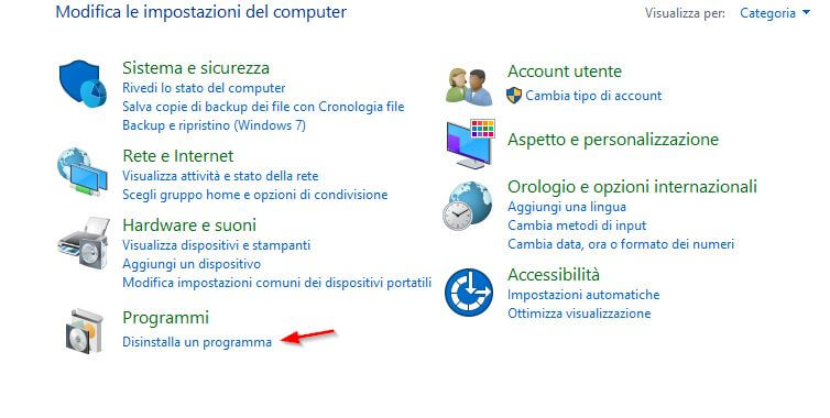 disinstallare programma windows 10