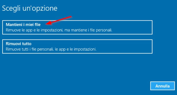 reimpostare windows e mantenere file