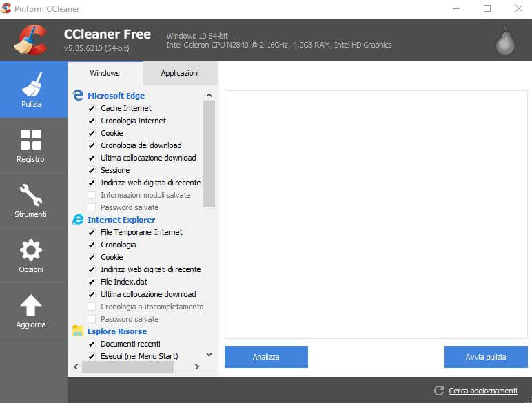 ccleaner per la cancellazione dei cookie