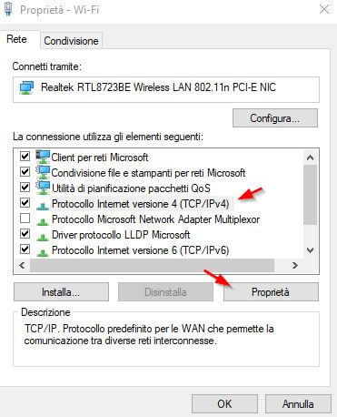 cambiare dns proprietà wifi