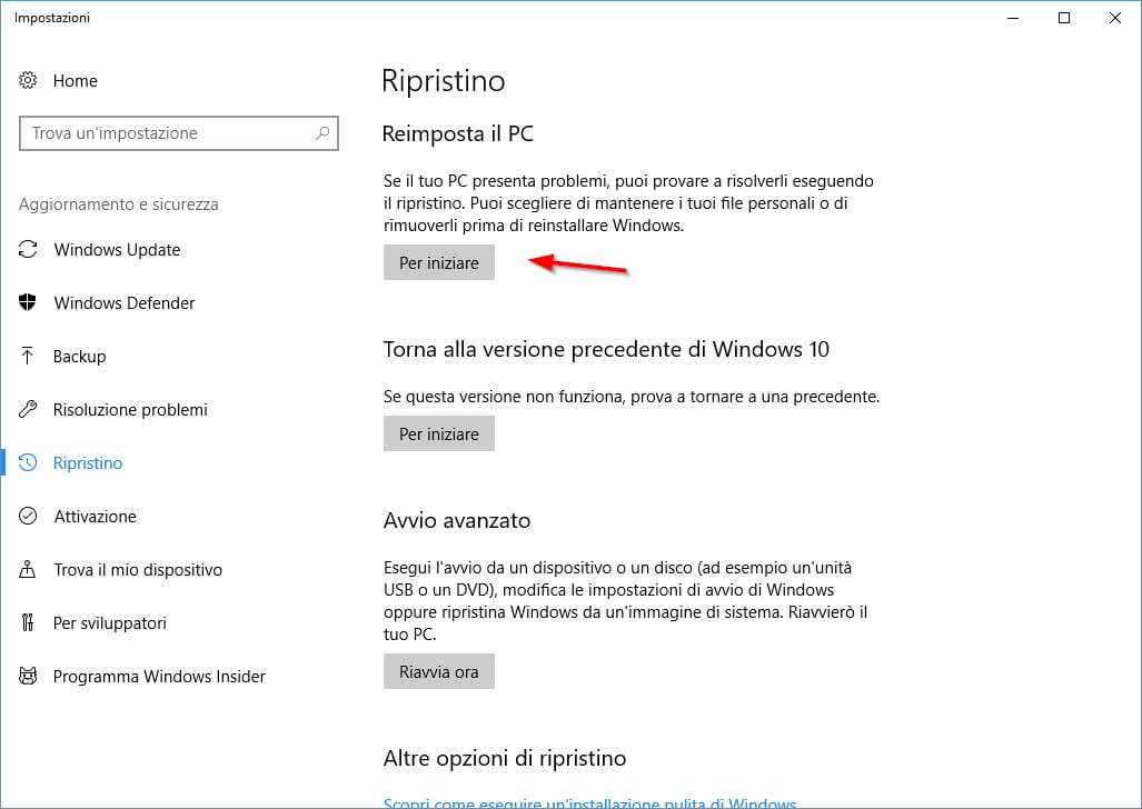 reimpostare installazione windows