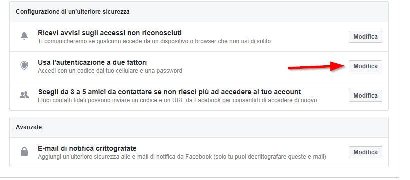 configurazione di sicurezza facebook