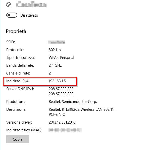 indirizzo ip privato windows 10