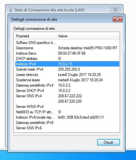 indirizzo ip privato windows 7