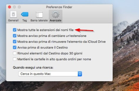 abilitare estensioni file mac