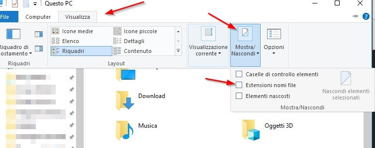 Come visualizzare estensioni nomi file su windows 10