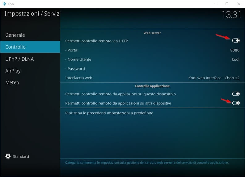 impostazioni controllo remoto Kodi