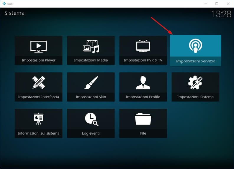 impostazioni servizio Kodi