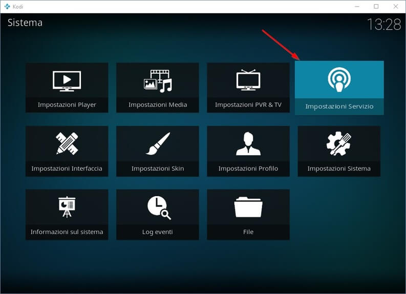 impostazioni servizio Kodi