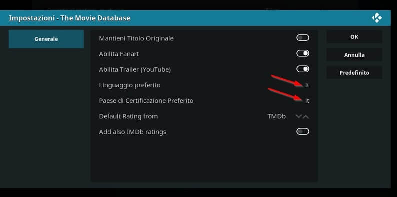 indicizzazione in italiano Kodi