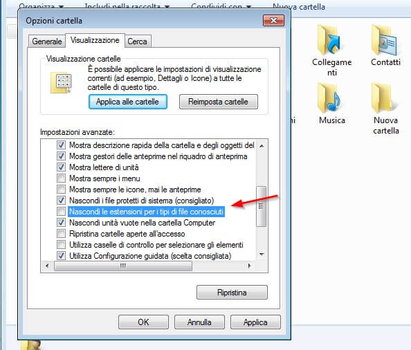 mostrare estensioni file windows 7