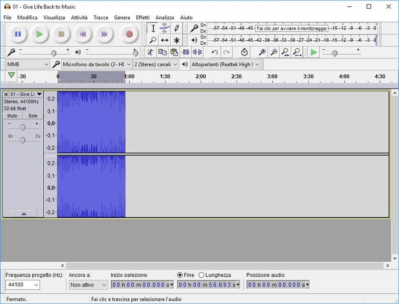 Audacity nuovo brano tagliato