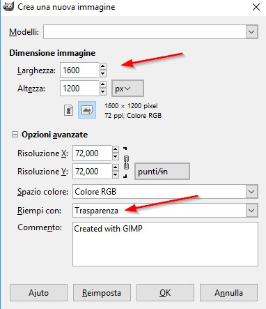 GIMP parametri nuova immagine
