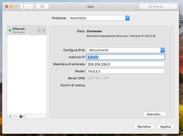 modificare dns su mac