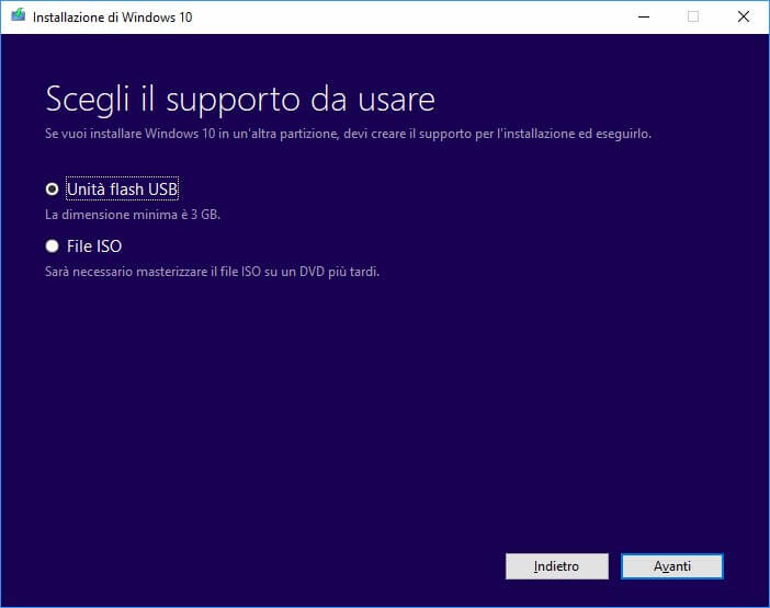 Creare un DVD o una chiavetta USB con Windows 10