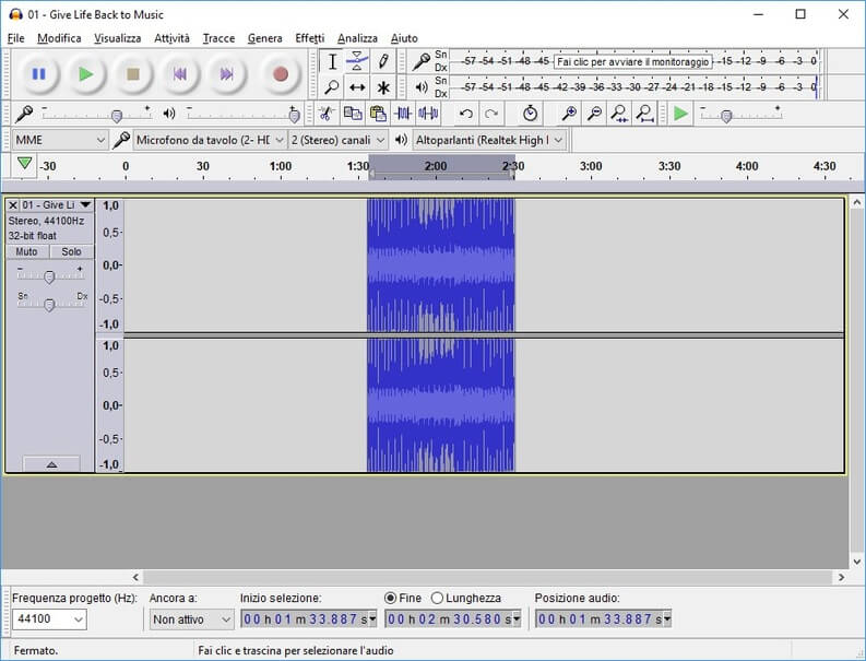 Audacity selezione tagliata