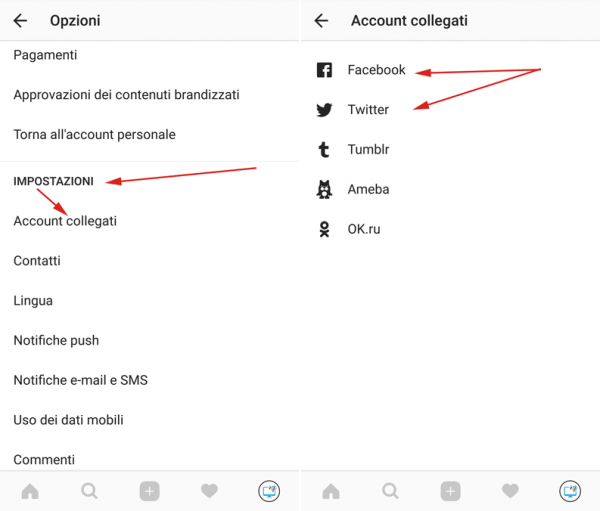 come collegare facebook e twitter a instagram