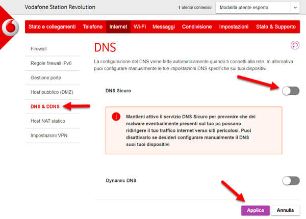 disattivare dns sicuro vodafone station revolution