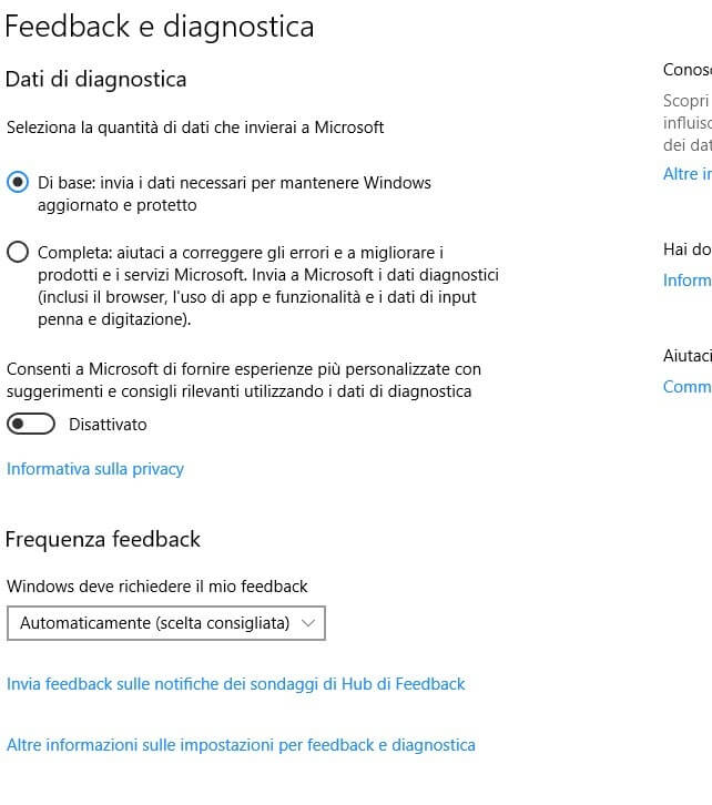 Feedback e diagnostica windows 10