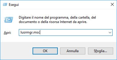 Accesso tramite esegui lusrmgr.msc admin windows 10