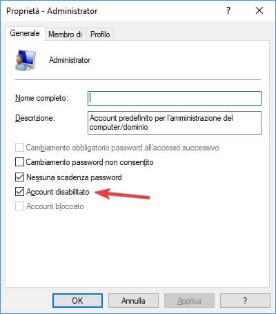 Account disabilitato amministratore windows 10