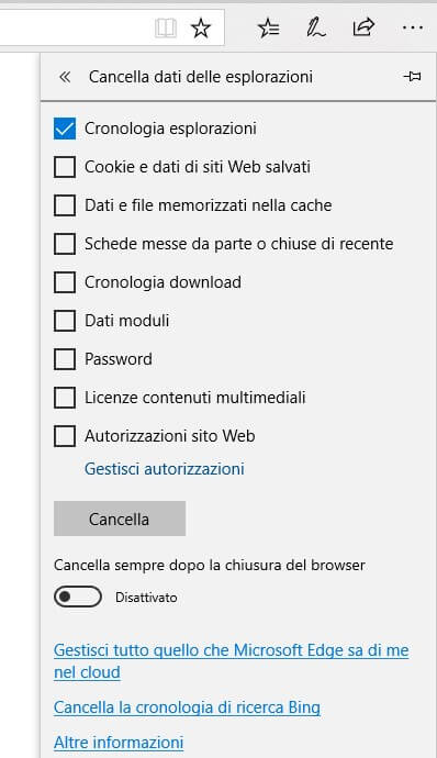 cancellare la Cronologia di Microsoft Edge