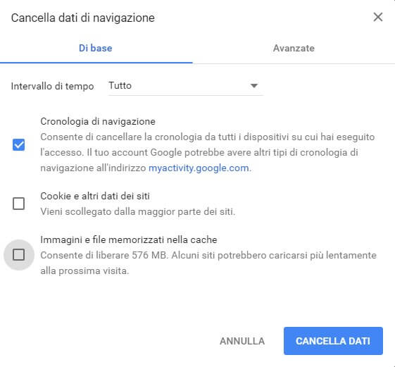 Cancellare la Cronologia di Google Chrome