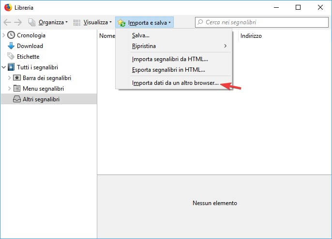 Imposta dati da un altro browser