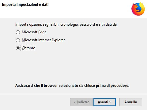 Scelta browser da cui importare