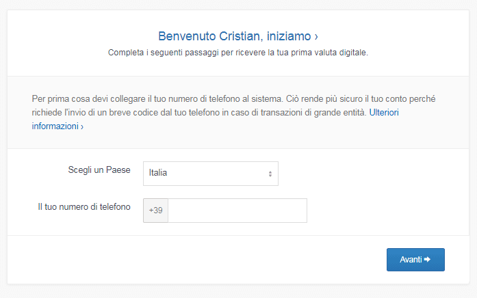 inserire numero di telefono coinbase