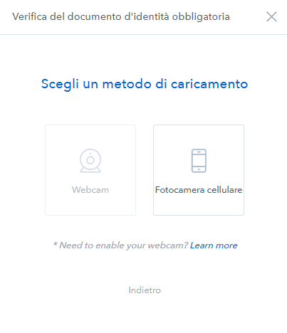 verifica documento coinbase-tramite webcam fotocamera