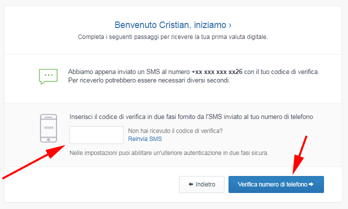 verifica numero di cellulare coinbase