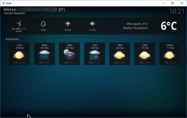 Meteo Kodi con l'add-on di yahoo