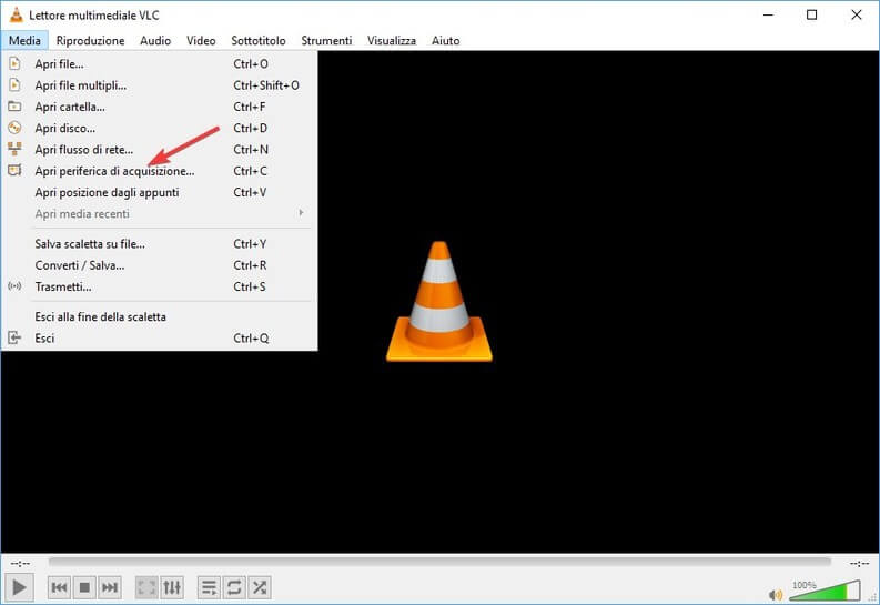 VLC menu per acquisizione registrazione desktop