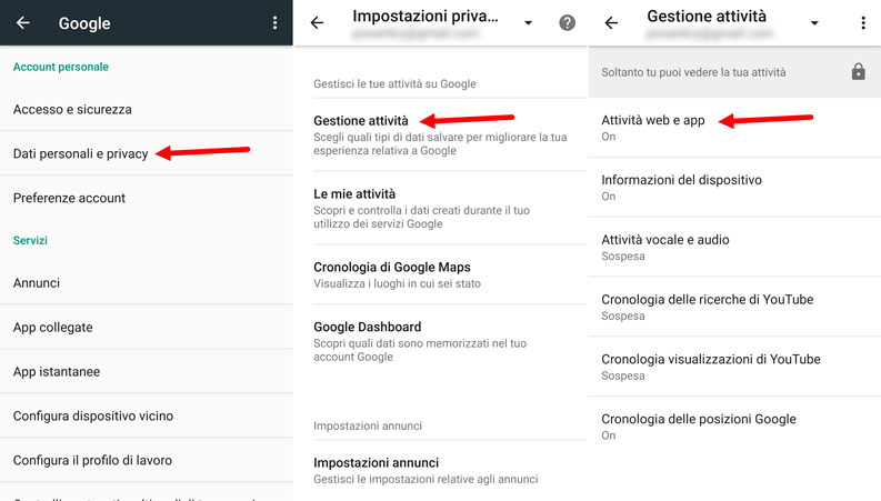 disattivare salvataggio dati google android