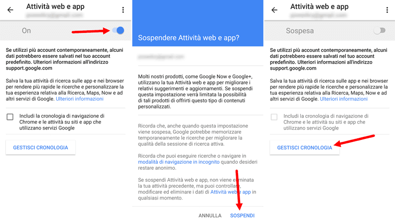 sospendere attivita web e app google