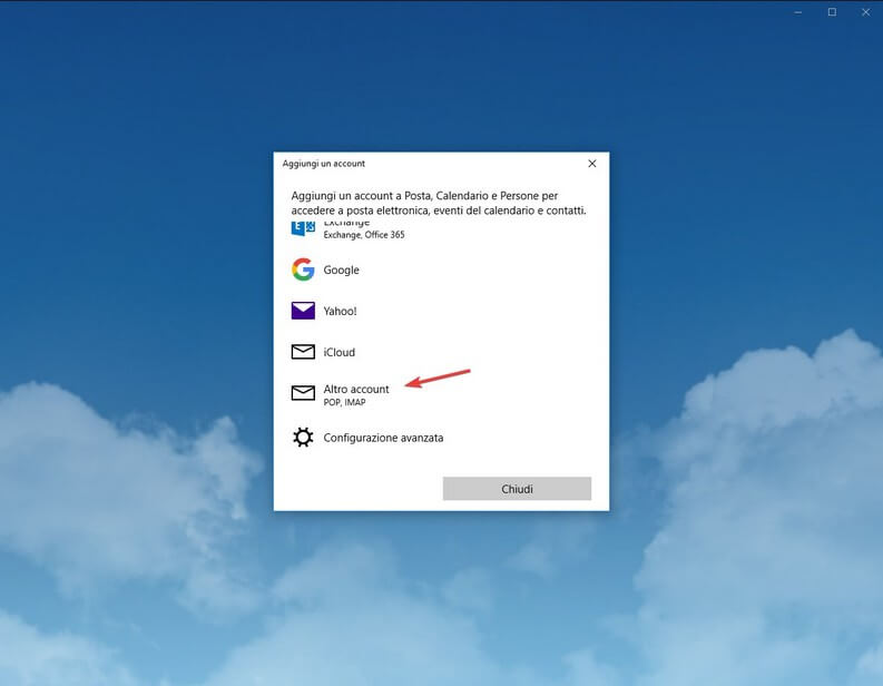 Account Posta Windows 10 aggiungere aruba mail