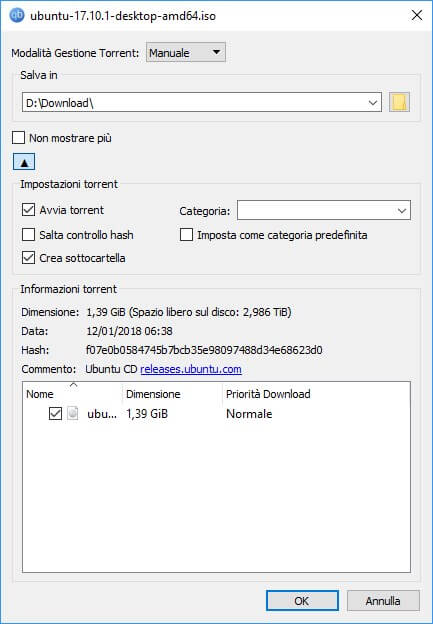 esempio di anteprima per il download di un file torrent