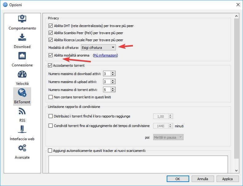 modalità anonima per il protocollo torrent usando qbittorrent