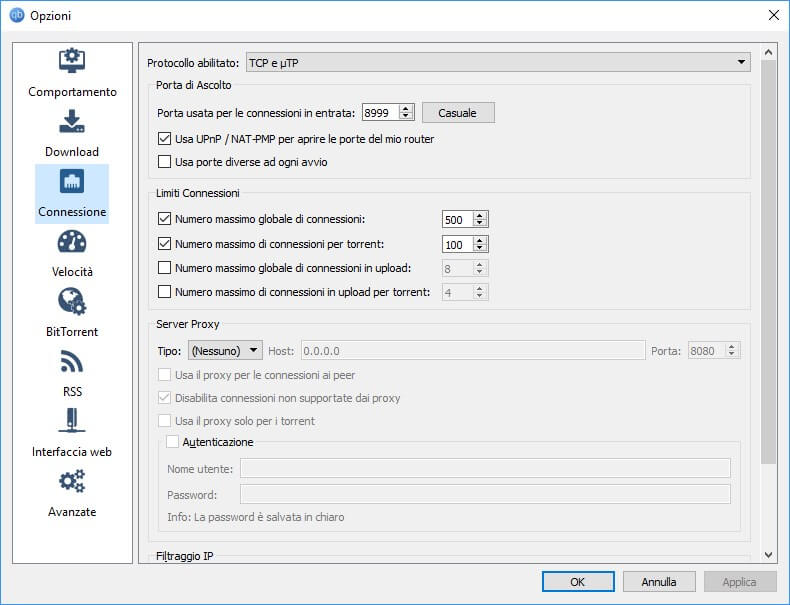 opzioni di connessione per il download dei torrent