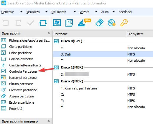 Controllare partizione disco fisso