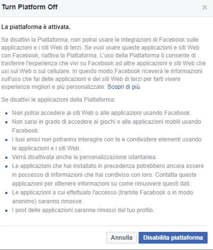 Disabilita piattaforma Facebook dati terzi