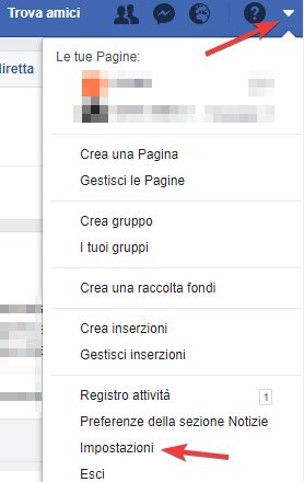 Impostazioni Facebook menu