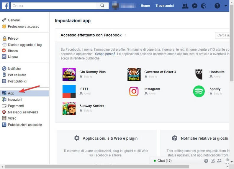 Impostazioni app Facebook