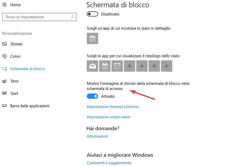 schermata di blocco impostazioni