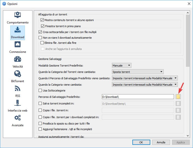 percorso salvataggio di default qbittorrent