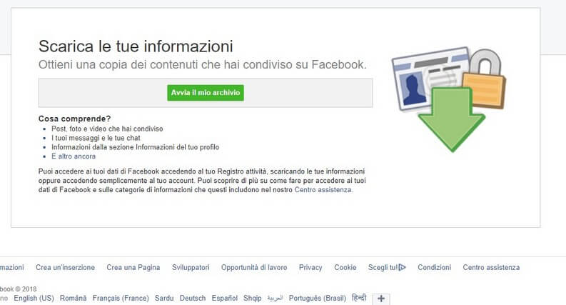 Scarica le tue informazioni Facebook