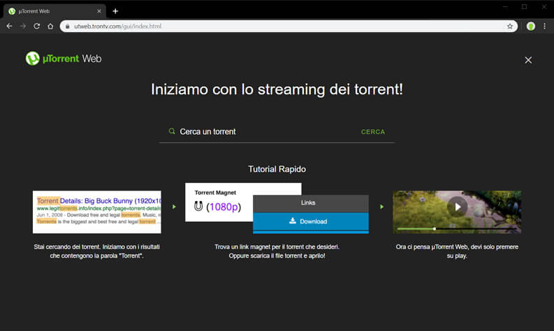 uso di μTorrent web - pagina home