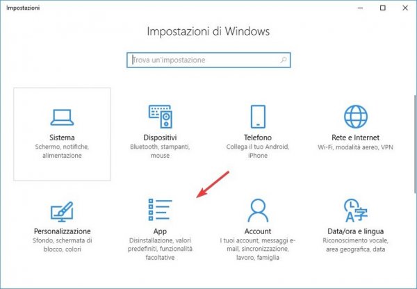 Disinstallare software windows 10 da Impostazioni