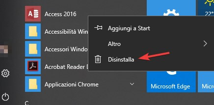 Disinstallare programmi windows 10 da Start